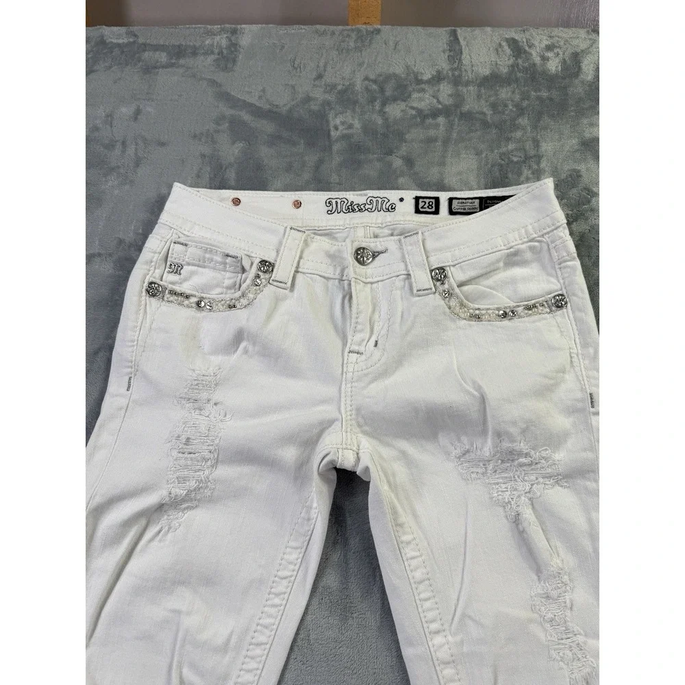 Miss Me White Skinny Jeans Womens 28 Signature Cuffed Rhinestone Distressed